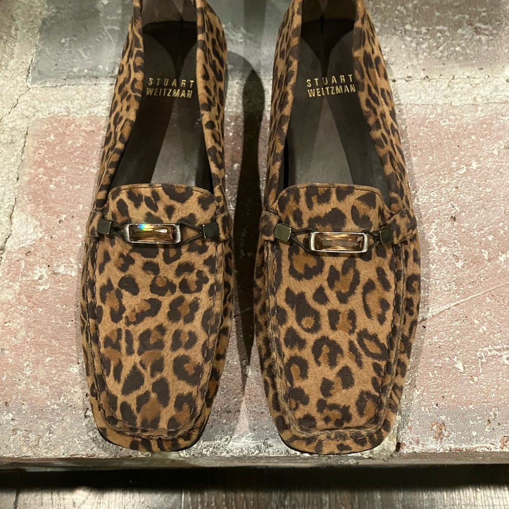 Stuart Weitzman Leopard Animal Print Loafers with Topaz Jewels